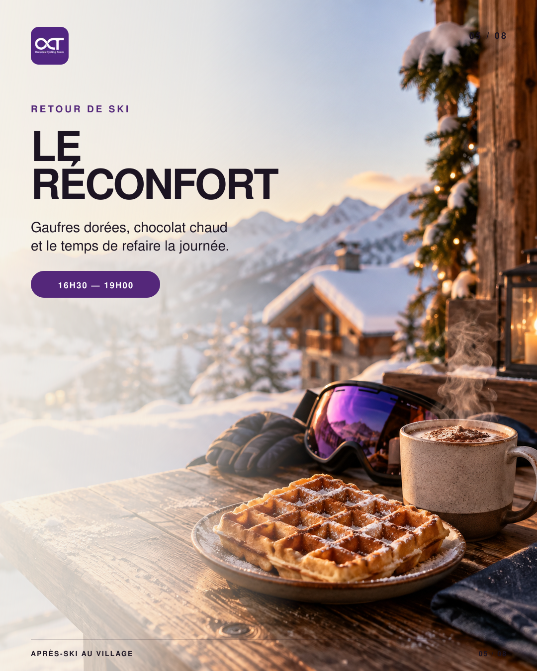 Retour de ski : gaufres et chocolat chaud, de 16h30 à 19h.